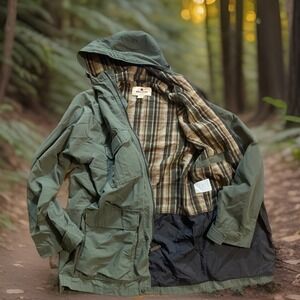 Woolrich Hooded Jacket Men M Green Wool Long Sleeves Pockets Camping Hiking